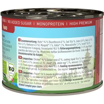 Kompletní monoproteinové krmivo v bio kvalitě. Obsahuje vysoký podíl kuřecího masa, mangold, vejce a zdraví prospěšný lněný olej. Obchodní balení, obsahuje 6 ks.