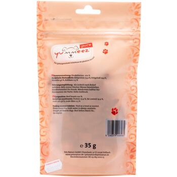 Pamlsky pro psy Yummeez Pure obsahují 100 % hovězích srdíček sušených speciálním postupem