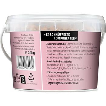 Poloměkké monoproteinové mini pamlsky s jehněčím masem, zeleninou, ovocem, bylinkami a lososovým olejem. Obchodní balení, obsahuje 8 kusů.