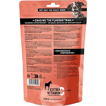 Vzduchem sušené plátky koňského masa s vitamínem C, na kterých si pochutnají psy každého věku a velikosti. Přírodní monoproteinová pochoutka s 95% obsahem masa, bez obilovin, přidaného cukru a umělých dochucovadel.