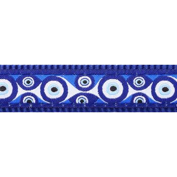 Obojek Red Dingo pro kočky s obvodem krku 20 - 32 cm. Šířka popruhu 12 mm. Vzor Evil Eye. Barva tmavě modrá.