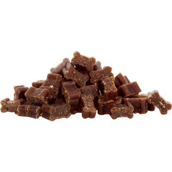 Poloměkké šťavnaté mini kostičky pro psy s vysokým podílem masa. Ideální při výcviku nebo jako chutná odměna i pro malá plemena. Obchodní balení, obsahuje 12 ks.
