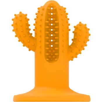 Důmyslná dentální hračka ve tvaru kaktusu s otvorem pro zubní pastu v oranžové barvě. Kaktus lze pomocí silné přísavky připevnit k podlaze. Velikost 12 cm.